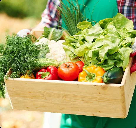 A wooden crate filled with fresh vegetables