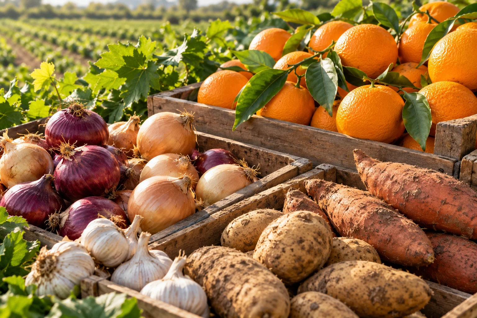 Fresh citrus, onions, potatoes and garlic in wooden crates